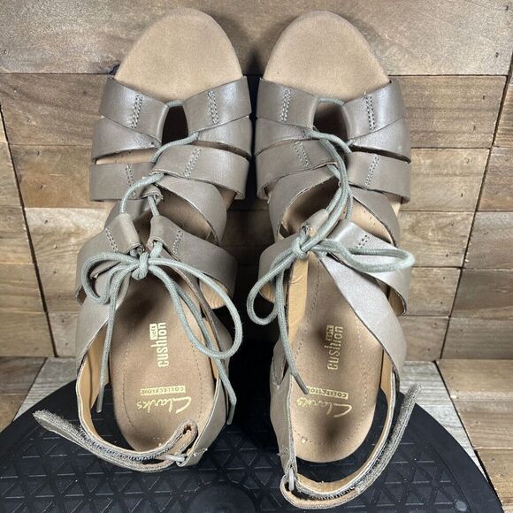 Clarks Cushion Helio Mindin Women's Size 9 M Lace Cork Taupe Wedge Sandal Heels - Picture 5 of 10